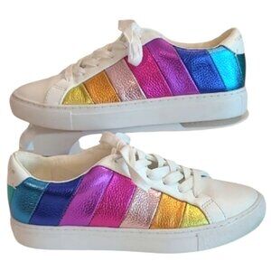 Kurt Geiger London Lane Stripe Sneaker Lace Up Low Top Leather Rainbow Stripes